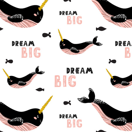 Seamless vector pattern with cartoon cute narwhal and lettering (big dream) on white background. Underwater oceanic animal. Illustration for print, textile, fabric, wrapping paperのイラスト素材