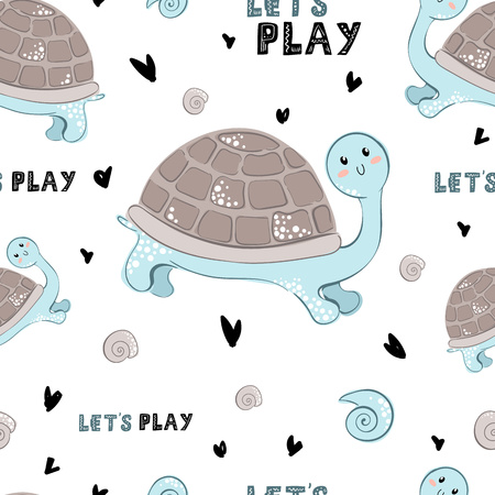Seamless vector pattern with cartoon cute turtle and lettering (lets play) on white background. Underwater oceanic animal. Illustration for print, textile, fabric, wrapping paperのイラスト素材