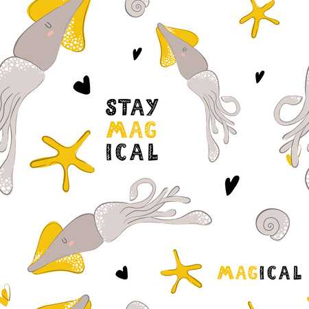 Seamless vector pattern with cartoon cute squid and lettering (stay magical) on white background. Underwater oceanic animal. Illustration for print, textile, fabric, wrapping paperのイラスト素材