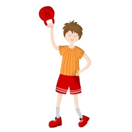 Cartoon cute boy exercising with weight in gym, child or kid doing sports. Little athlete in uniform on white background. Healthy activities. Vector flat with trendy noisesのイラスト素材