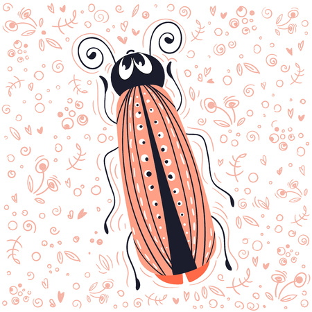 Vector cute cartoon bug or beetle, flat and doodles, scandinavian style. Isolated object on white background. Ideal for print, greeting card, nursery posterのイラスト素材