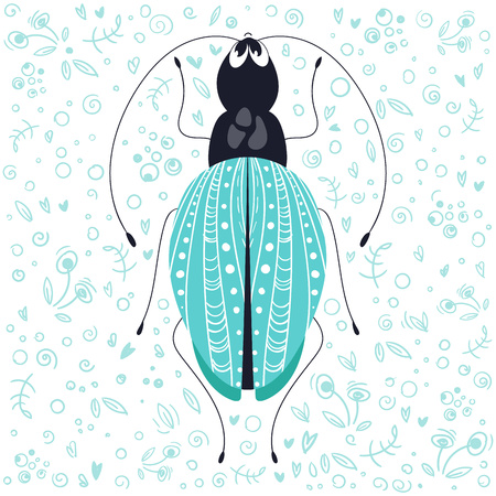 Vector cute cartoon bug or beetle, flat and doodles, scandinavian style. Isolated object on white...