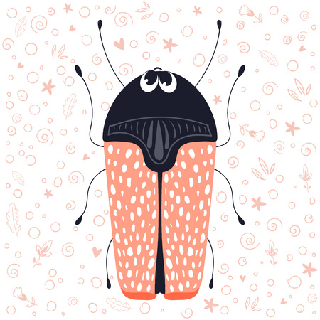 Vector cute cartoon bug or beetle, flat and doodles, scandinavian style. Isolated object on white background. Ideal for print, greeting card, nursery posterのイラスト素材