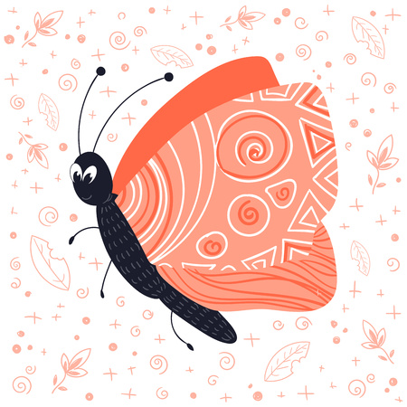 Vector cute cartoon bug or beetle, flat and doodles, scandinavian style. Isolated object on white background. Ideal for print, greeting card, nursery posterのイラスト素材