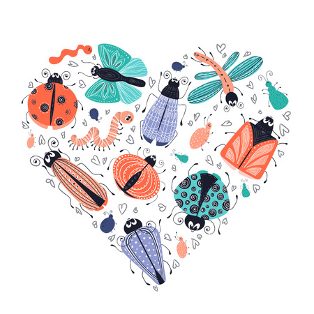 Vector set of cute cartoon bugs or beetles, butterflies. Isolated elements on a white background. Heart composition. Scandinavian style, flat. Design of cards, prints, posters. Childrens illustration.のイラスト素材