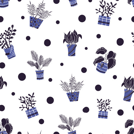 Vector seamless pattern with home or house flowers or plants in pots, on white background with dots, duochrome color - purple and turquoise, Scandinavian flat styleのイラスト素材