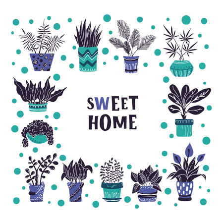 square frame of home plants, flowers in pots, home garden or greenhouse, lettering, isolated elements on white. Flat style, Scandinavian. Vector illustrationのイラスト素材