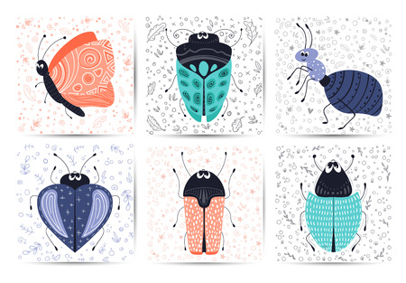Set of cards with vector cute cartoon bug or beetle, flat and doodles, scandinavian style. white background. Ideal for print, greeting card, nursery posterのイラスト素材