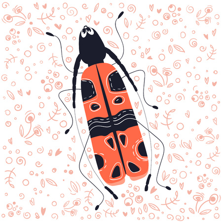 Vector cute cartoon bug or beetle, flat and doodles, scandinavian style. Isolated object on white background. Ideal for print, greeting card, nursery posterのイラスト素材