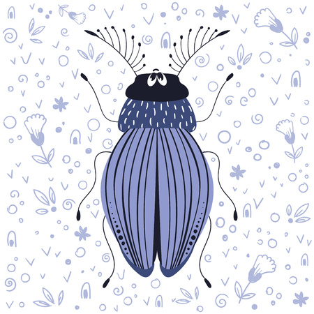 Vector cute cartoon bug or beetle, flat and doodles, scandinavian style. Isolated object on white background. Ideal for print, greeting card, nursery posterのイラスト素材