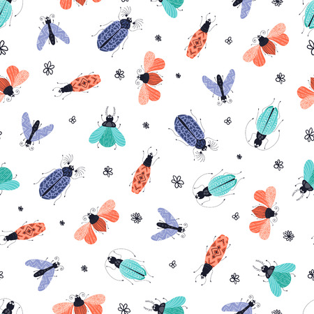 Vector seamless pattern with cute cartoon bug or beetle, flat and doodles, scandinavian style. Ideal for print, textile, fabricのイラスト素材