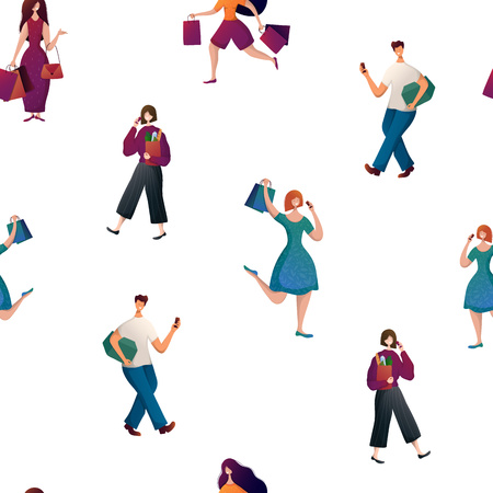 Seamless pattern with people with bags, man, girls are doing shopping. Person carries shopping bag, seasonal sale in shop, market, store. Cartoon characters on white background. Vector, flat style.のイラスト素材