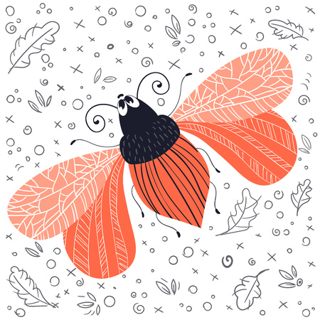 Vector cute cartoon red bug or beetle, flat and doodles, scandinavian style. Isolated object on white background. Ideal for print, greeting card, nursery posterのイラスト素材