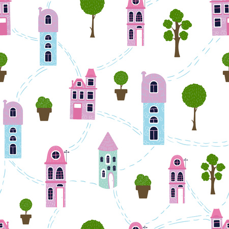 Seamless pattern with cute cartoon houses and trees, home, bright colors, vector flat illustration with texturesのイラスト素材