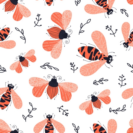 Vector seamless pattern with cute cartoon bug or beetle, flat and doodles, scandinavian style. Ideal for print, textile, fabricのイラスト素材
