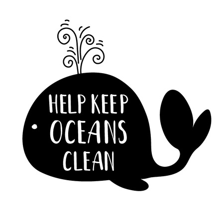 Ecology concept, poster with black whales silhouette and lettering (clean oceans) on white background, saving the oceans, flat imageのイラスト素材