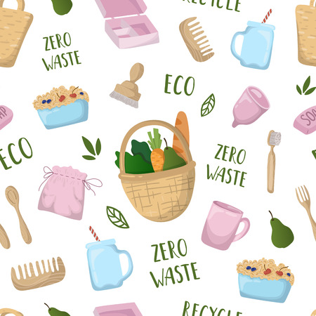 seamless pattern. Eco things - bamboo, cotton bag, food basket, glass cup on white background. Ecological problem of plastic pollution. Reusable eco friendly materials.のイラスト素材