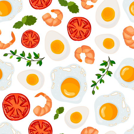 seamless pattern with fried egg, shrimp, tomato and oregano spice on white background, healthy breakfast, natural vegan food. Endless texture. Flat style. Illustration menu designのイラスト素材