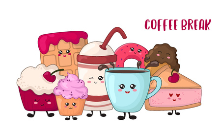 Cartoon kawaii food for coffee break - chocolate  cookies, cake, donut, waffle, coffee or tea on white background. Desserts, sweets and text, cute characters. Card, poster template. Vector flatのイラスト素材