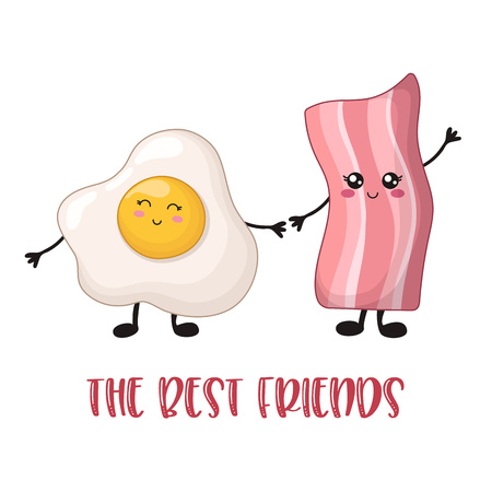Cartoon kawaii food -  bacon and scrambled eggs together, the best breakfast on white background, card template with meal and phrase - best friends, cute characters. Vector flatのイラスト素材