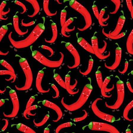 Seamless vector pattern - hot red chili papper on black background. Endless texture with kawaii cartoon food, vegetables. Cute character is smiling. Illustration for textile, wrapper. Flat styleのイラスト素材
