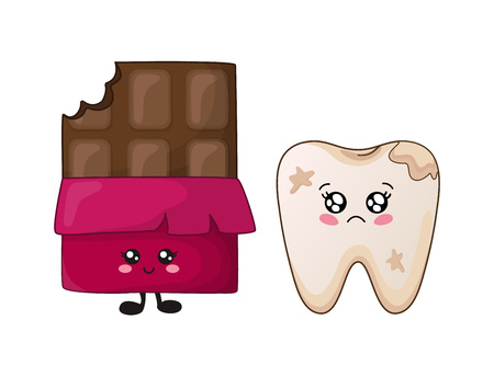 Kawaii sad aching tooth with caries and bar of chocolate, cute cartoon character, concept of dentistry - teeth health and treatment, oral hygiene and dental care. Vector flat illustration.
のイラスト素材