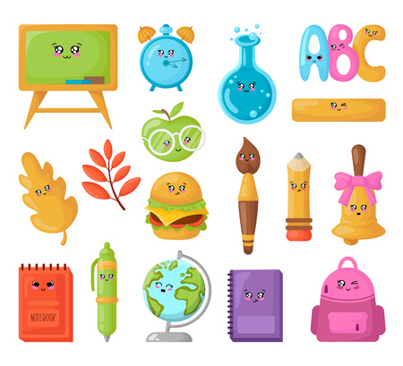 Set of kawaii school supplies, back to school concept, cute cartoon characters - textbook, notebook, pencil, backpack. Childrens vector flat illustration of education and semester.のイラスト素材