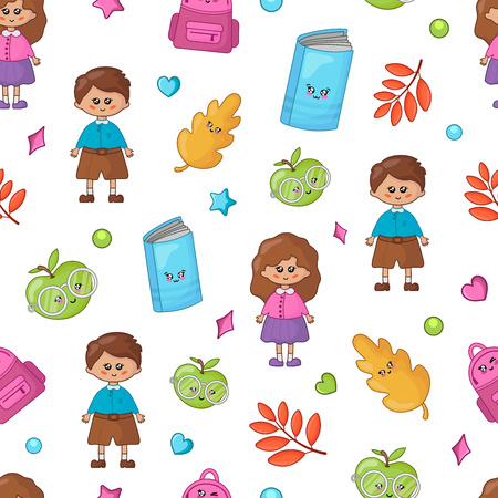 pattern with back to school concept, kawaii  and  or students, cute cartoon characters - textbook, backpack. Childrens vector flat illustration of education and semester.のイラスト素材