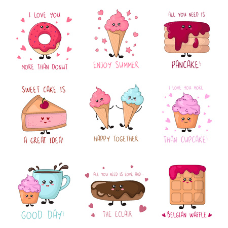 Set of cards with cartoon kawaii sweet food - pancakes, cakes, ice cream, donut on white background, card template with dessert and text, cute characters. Vector flat illustrationのイラスト素材