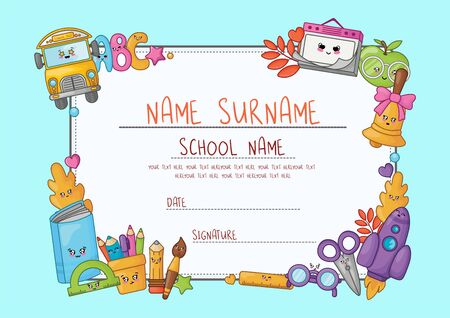 Kawaii cartoon diploma for elementary school. Template with frame of cute school supplies - characters or objects and symbols on blue background - Vectorのイラスト素材