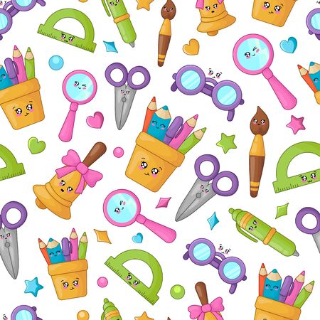 Seamless pattern with kawaii pencils case, bell, magnifier, glasses, pen, ruler, cute cartoon characters on white background. back to school or learning  concept, Childrens vector flat illustrationのイラスト素材