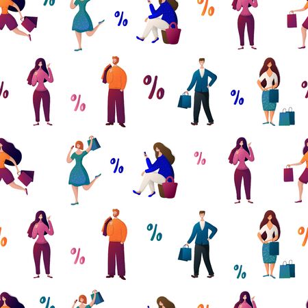 Seamless pattern with people with bags, man, girls are doing shopping. Person carries shopping bag, seasonal sale in shop, market, store. Cartoon characters on white background. Vector, flat style.のイラスト素材
