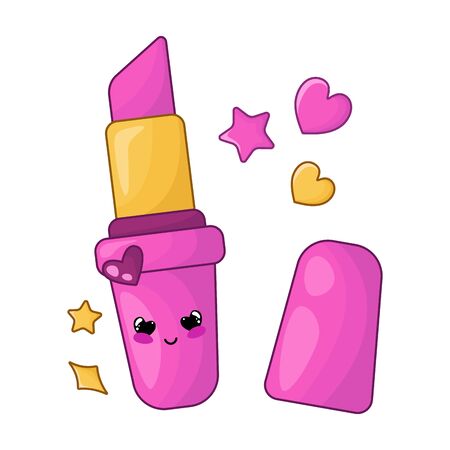 Cute card template with kawaii pink lipstick, woman stuff or girls accessory concept, makeup and face care products, cartoon characters, vector flat illustrationのイラスト素材