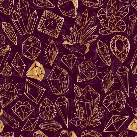 Seamless vector pattern - golden outline crystals or gems, on dark red background, endless texture with gemstones, diamonds, hand drawn or doodle illustrationのイラスト素材