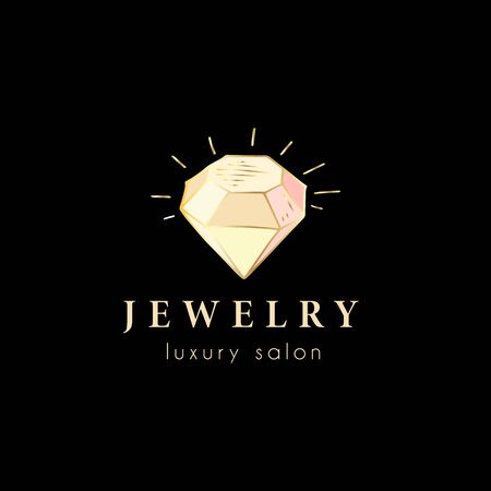 Logo, business identity for  jewelry company or salon, store with golden crystal or diamond on black, precious stone, gem and text - company name - vector illustrationのイラスト素材
