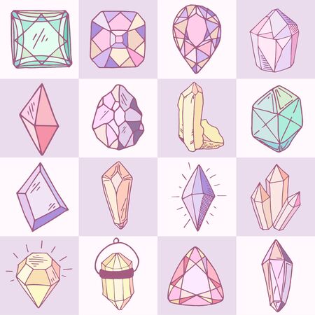 Icon vector set - colorful (blue, golden, pink, violet, rainbow) isolated crystals or gems on whiteのイラスト素材