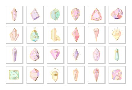 Icon vector set - colorful (blue, golden, pink, violet, rainbow) crystals or gems, on white background, symbols collection with gemstones, quartz, minerals, diamondsのイラスト素材