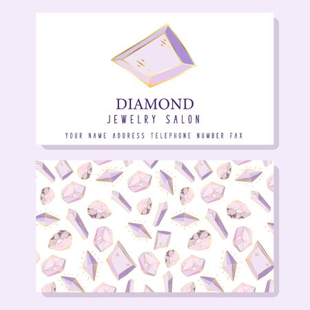 Business Identity, business card template, front side - violet diamond, crystal or gems, text - company name. back side with pattern with precious stones. Ready to print, vectorのイラスト素材