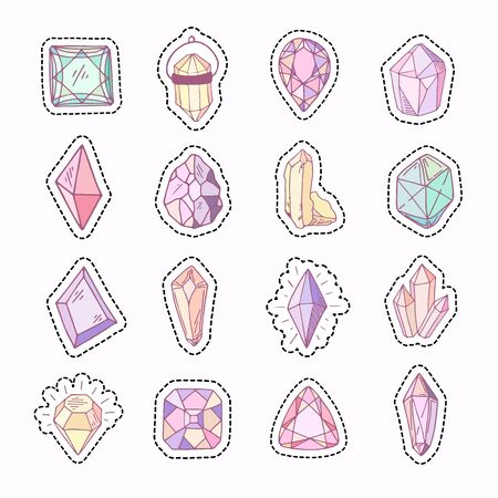 Stickers vector set - blue, golden, pink, violet, rainbow crystals or gems, isolated patches on white background, symbols collection with gemstones, quartz, diamonds, hand drawn or doodle illustrationのイラスト素材