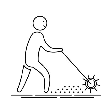 Lawn aeration - outline icon with gardener man and aeration machine, lawn grass care service, gardening and landscape design, isolated sing with process on white background, vector for web, appのイラスト素材