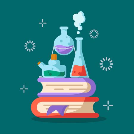 Chemical laboratory and equipment for the experiment. Science and  education concept. Glass flasks with liquids on books, reagents, solutions. Vector illustration on blue background.のイラスト素材