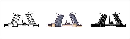 Saint Petersburg sigtseeing and landmark - glyph icons, outline and colored flat signs, palace drawbridge and Admiralty, view of the city, bridge and fortress, the cultural capital of Russia, vectorのイラスト素材