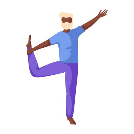Elderly african american  man doing yoga or stretching, old person doing sport exercise and meditation. male flat character on white background, vector illustrationのイラスト素材