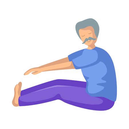 Elderly man doing yoga or stretching on mat, old person doing sport exercise and meditation. male flat character - isolated figure on white background. Vector illustrstionのイラスト素材