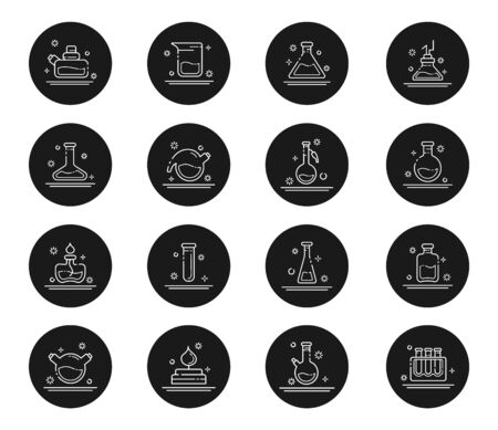 set of outline icons - laboratory flasks, graduated measuring cup and test tubes for diagnosis, analysis, scientific experiment. Chemical lab and equipment. Isolated vector objectsor signs in line style on black backgroundのイラスト素材