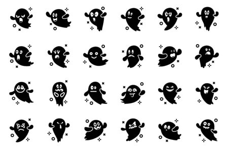 Halloween cute kawaii ghosts with different emoji, scary spooky cgaracters, glyph vector icons setのイラスト素材