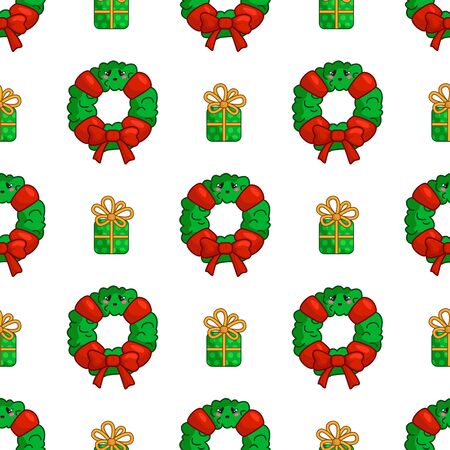 Kawaii Christmas seamless pattern with winter floral wreath and gift box, endless texture for textile, wrapping paper, traditional new year decoration - vectorのイラスト素材