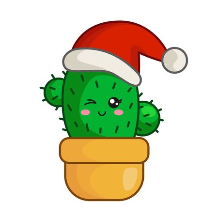 Kawaii Christmas little cactus in santas hat in flower pot, cute emoji face character, new year exotic tropical decoration - isolated colored illustration for kids print or card, vectorのイラスト素材
