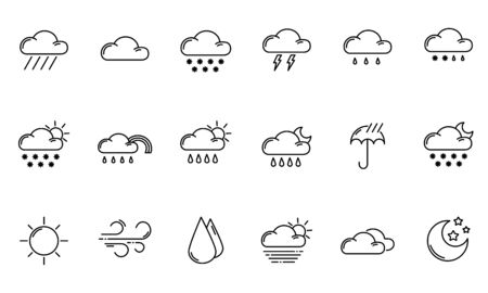 Set of simple outline icons - weather or forecast sings with clouds, snow, rain, fog, wind, sun and moon - vector isolated symbols collection.のイラスト素材