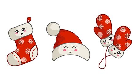 Kawaii Christmas set for new year party decoration - Santa Claus hat, red mittens with snowflakes and sock or stocking, cute cartoon objects, isolated illustrations on white, vectorのイラスト素材